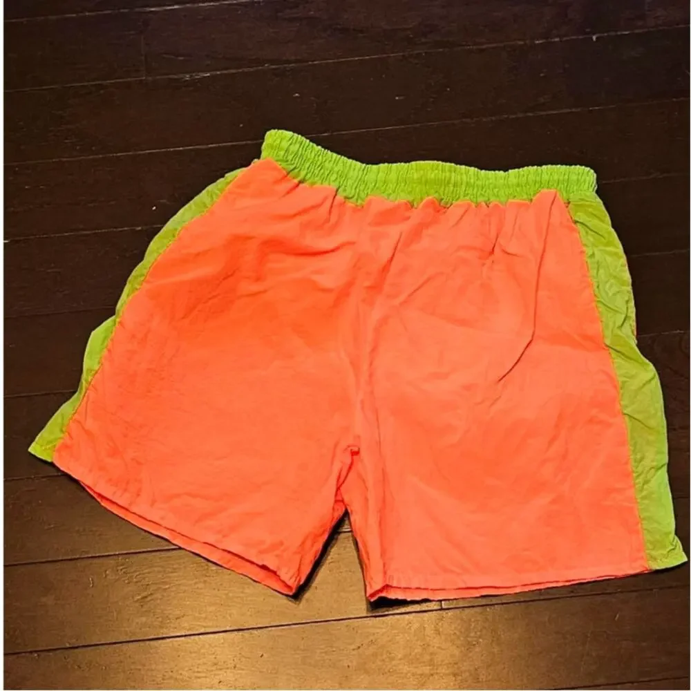 Vintage GrandPrix 90s Neon Orange Green Colorblock Nylon Shorts Lined Size M